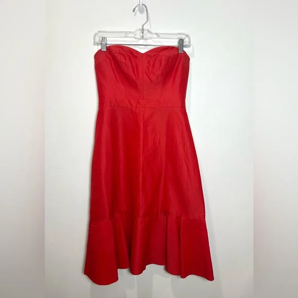J Crew Dress Red Strapless Midi Silk Cotton Blend Flounce Hem  Sz 2 Party Spring - Picture 3 of 12
